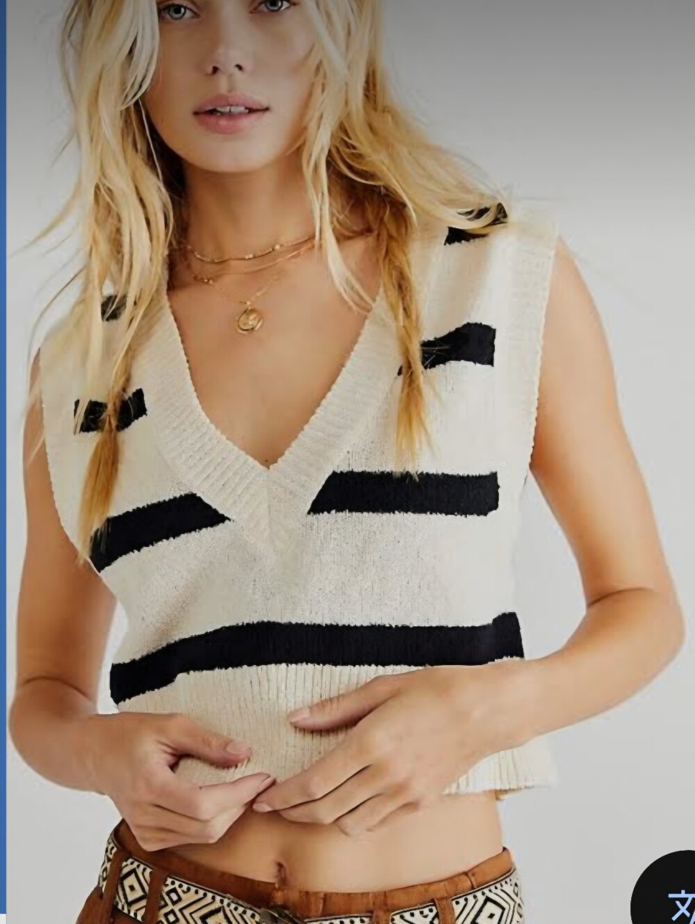 FREE PEOPLE Santa Monica Off White Black Stripe Knit Vneck Sweater Vest Size S